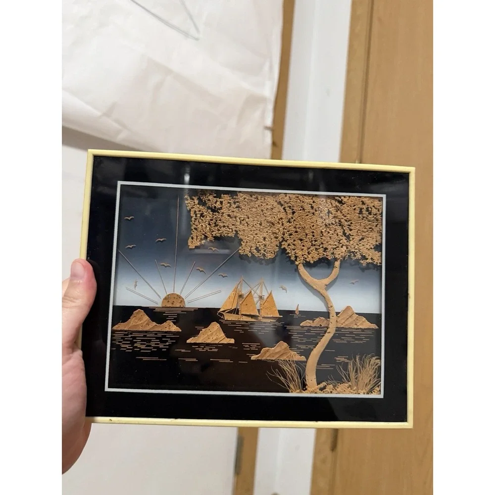 Carved Cork Asian Scene Framed Artwork Birds, Tree, Sailboat, Water